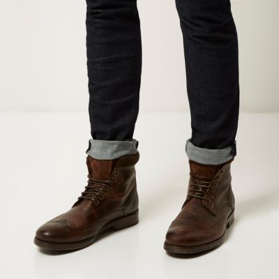 Brown leather brogue worker boots